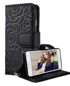 Iphone 6 Plus & 6s Plus Wallet Case Kickstand Card Pockets Strap - Black Floral - Picture 1 of 4