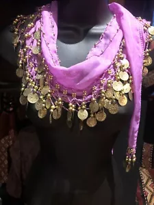 Vintage Purple Chiffon Gold Coin Belly Dance Shawl Wrap Scarf - Picture 1 of 6