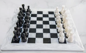 JT Handmade White and Black Weighted Full Marble Chess Game Set - 15 inches - Picture 1 of 4