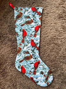 NEW Uniq 18 in Handmade Flannel Christmas Stocking Cardinals Birds - Picture 1 of 3