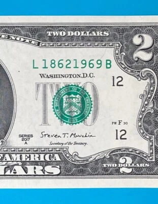 L 1862 1969 B TRAILING YEAR 1969 $2 Two Dollar Bill Serial Number 2017A *UNC* - Image 1 of 3