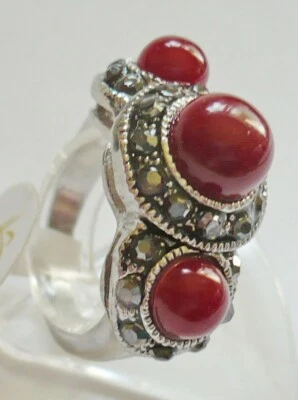 wuchtig + groß Folklore Stein Schmuck Ring dkl. rot + Strass Tibet Silber NEU - Bild 1 von 2