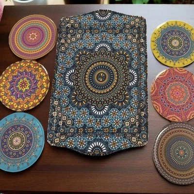 Turkish Tray Coasters Set, Metal Tray and 6 Round Coasters, Housewarming Gift - Image 1 of 4