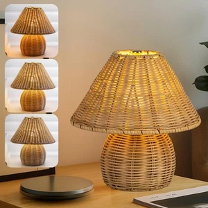 Table Lamp Handmade Boho Rattan Bedside Lamp,3 Colors Adjustable Vintage Wick... - Picture 1 of 6