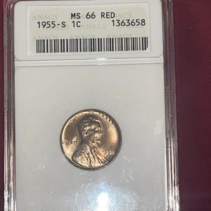 1955-S 1C Lincoln Wheat Cent ANACS MS 66 Red | Soap Box Uncirculated UNC BU - Picture 1 of 7