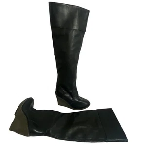 Kelsi Dagger Etna Over-The-Knee Black Leather Wedge Heel Boots Sz 7.5 - Picture 1 of 13