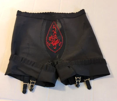 Vtg 1950’s Black Girdle Garters S Red Embroidered Floral Accent Coquette Sexy - Image 1 of 4