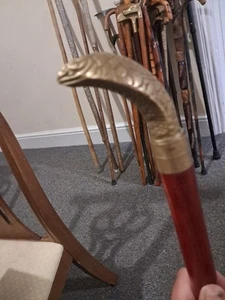Wooden Walking Stick Cane with Brass Cobra Snake Head Handle 94cm - Picture 1 of 11