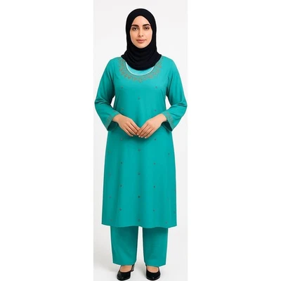Women's Bollywood Salwar Kameez Kurta Pant Set Embroidered Turquoise Blue Green - Image 1 of 4