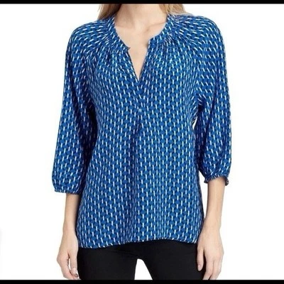 Joie Blouse Top Women’s Medium Blue 100% Silk Geometric Print 3/4 Balloon Sleeve - Image 1 of 4