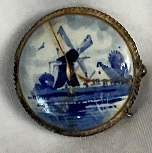 Vintage Round Silver Blue Delft Holland Hand Painted Dutch Windmill Brooch Pin - Bild 1 von 2