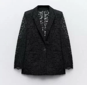 ZARA NEW WOMAN FLORAL LACE BLAZER WITH PADDED SHOULDERS JACKET BLACK size M - Picture 1 of 5