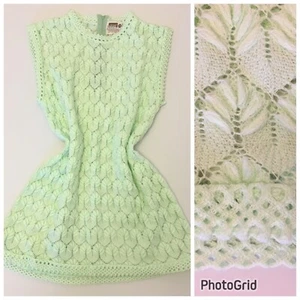 Vintage 70s Sleeveless Open Knit Green Blouse Pastel Long Top Tunic Granny (T9) - Picture 1 of 14