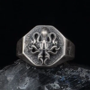 Anillo pulpo de plata de ley 925 para hombre. Anillo de sello octogonal de plata oxidada - Imagen 1 de 11