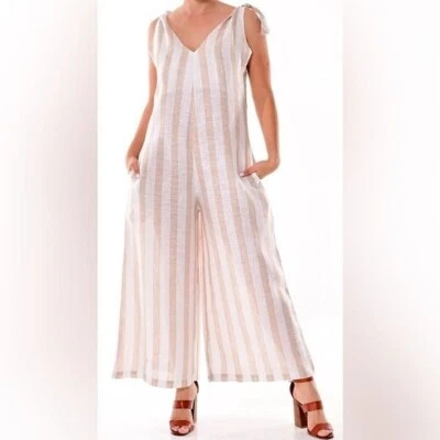 @Zucar Linen Beige Ivory Striped Palazzo Leg Jumpsuit Medium NWT - Image 1 of 4