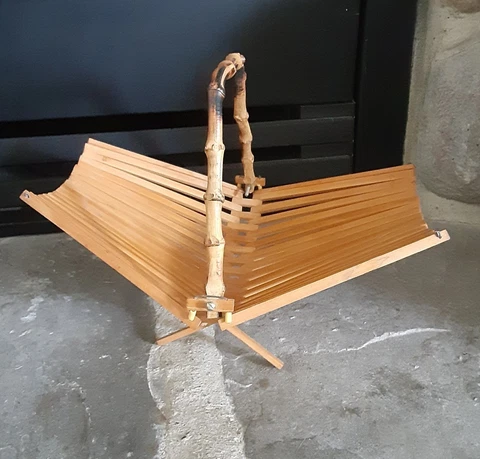 Vintage Mid Century Folding Bamboo Basket Collapsible Fruit Bowl Wooden Handle Cover