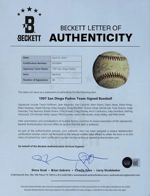 Equipo de los Padres 1997 28x firmado béisbol BAS LOA Tony Gwynn Ken Caminiti Bruce Bochy Foto 1 de 4