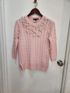 Boston Proper Pink Cable Knit Sweater Pearl and Rhinestones Xs nwot - Picture 1 of 12