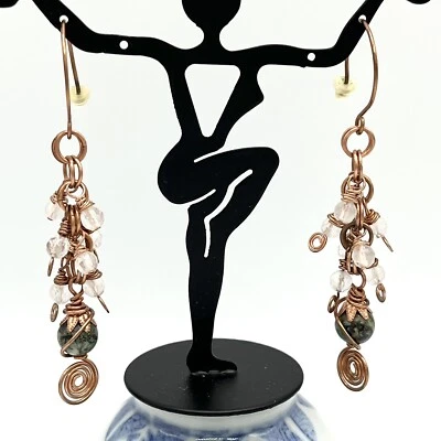 Brincos pendurados artesanais feitos à mão cristais de cobre pedra boho feitos à mão fios de orelha - Imagem 1 de 4