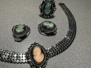 Collana girocollo cammeo maglia argento Whiting & Davis, orecchini clip, anello leggi!!!! - Foto 1 di 9