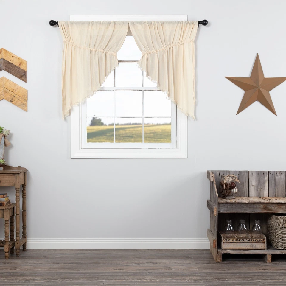 VHC Brands 8346 Tobacco Cloth Natural Prairie Swag Fringed Set of 2 36x36x18