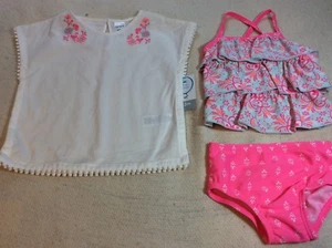 Girl’s 3pc Swim Bathing Set Top Bottom Embroidered Cover-Up 3M, 6M, 9M, 12M, 18M - Picture 1 of 11
