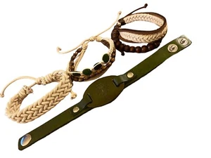 4 Bracelets Green Leather Snap Dandelion 3 Natural and Brown Pull String - Picture 1 of 7