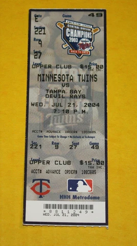 Minnesota Twins Ticket Stub | July 21 2004 | Carl Crawford HR Torii Hunter Hit Cover