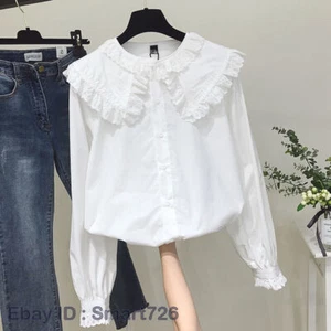 Womens Retro Lolita Lace Blouse Shirt Collar Top Ruffle Frill Loose New - Picture 1 of 17