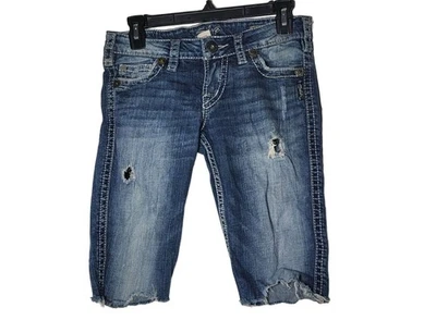 Pantalones Cortos Bermudas Jeans Plateados Corte Bootcut Reelaborados Denim Azul Jean Talla 26 Foto 1 de 4