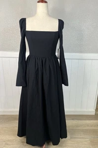 Reformation Elly Dress Black Size 0 Long Sleeve Midi Square Neck Cottagecore NEW - Picture 1 of 11