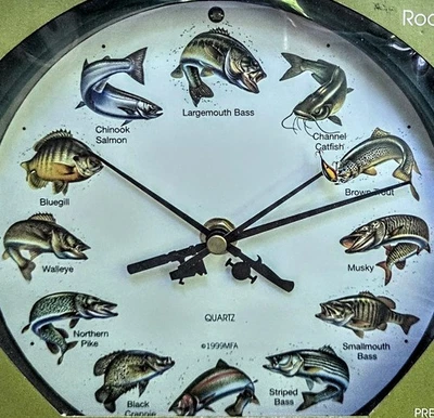Reloj de Pared Sonidos de Pesca Hora Salpicaduras Vintage Nuevo Agua Dulce Pez de Caza 8" Foto 1 de 4
