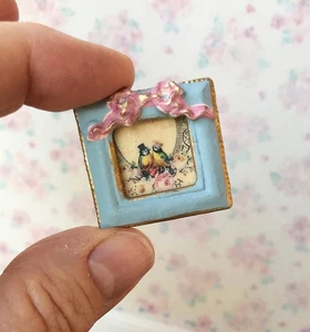 Miniature Dollhouse Love Birds French antique Postcard tiny blue FRAME Pink bow - Picture 1 of 5