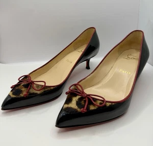 Christian Louboutin Black Patent Leather Leopard Bow Pumps Size 35 1/2 EU 5.5US - Picture 1 of 24