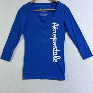 Aeropostale Vintage Y2K Womens Blue Ribbed Henley Top Bella Swan Elena Gilbert M - Picture 1 of 10