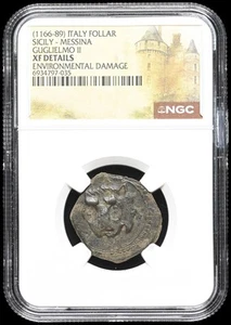 ITALY, Norman Sicily - Messina. William II 1169-1189. Æ 3 Follaro NGC XF Details - Picture 1 of 2