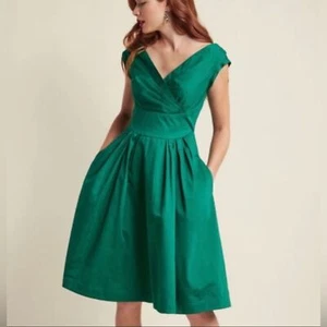ModCloth Emily & Fin emerald green 100% cotton postures midi dress size large - Picture 1 of 14