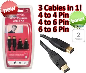3m FireWire 400 6-Pin to 6-Pin Cable w/ 4-Pin Adapters Kit DV iLink Cable Lead - Picture 1 of 1