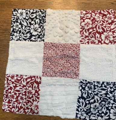 16” Vintage Red Blue White patchwork cotton  Chenille Bedspread Fabric Blanket - Image 1 of 2