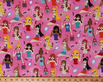 ROBERT KAUFMAN Cotton Girls Makeup Hair Stylist Cosmetology Pink Fabric Print by Yard D515.22