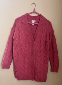 Sundance Pink Wool Blend Chunky Cable Knit Boyfriend Cardigan Sweater XS - Picture 1 of 7