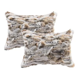 Set of Two 12 X 20 Tan and White Rabbit Natural Fur Throw Pillow - Picture 1 of 6