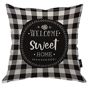 Welcome Sweet Home Throw Pillowcases Funny Quote Black White Tartan Checkered...