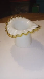 Fenton Amber Gold Crest Milk Glass Hat Shaped Tight Ruffled Vase 3 1/4" NICE!! - Picture 1 of 9