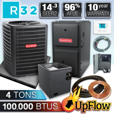 Goodman Upflow 4 Ton Gas Furnace & R32 AC System, 14.3 SEER2 100K BTU 96% AFUE - Image 1 of 4