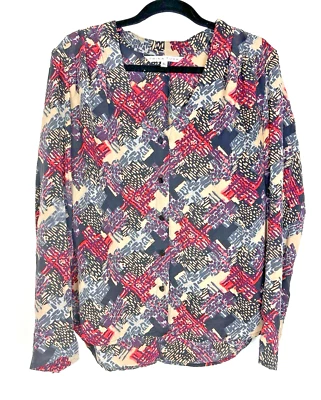 Blusa abotonada TRINA TURK NUEVA SIN ETIQUETAS para mujer XL 100 % seda estampado geométrico múltiple Foto 1 de 4