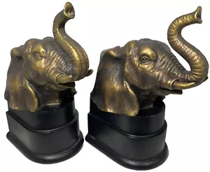 Bronze Colored Heavy Cast Resin Elephant Head Animal Book Ends 2 Pcs - Picture 1 of 10