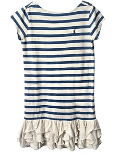 Ralph Lauren Tee Shirt Dress M 8 10 Nautical Stripe Ruffle Hem Drop Waist Blue - Picture 1 of 7
