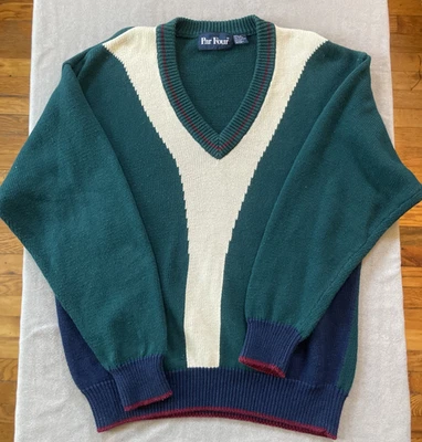 Suéter de golf para hombre años 90 cuello en V par cuatro verde azulado blanco azul bloque de color abuelo de colección Foto 1 de 4