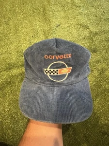 Vintage 80s Corvette Hat Corduroy SnapBack Cap Racing Blue - Picture 1 of 9